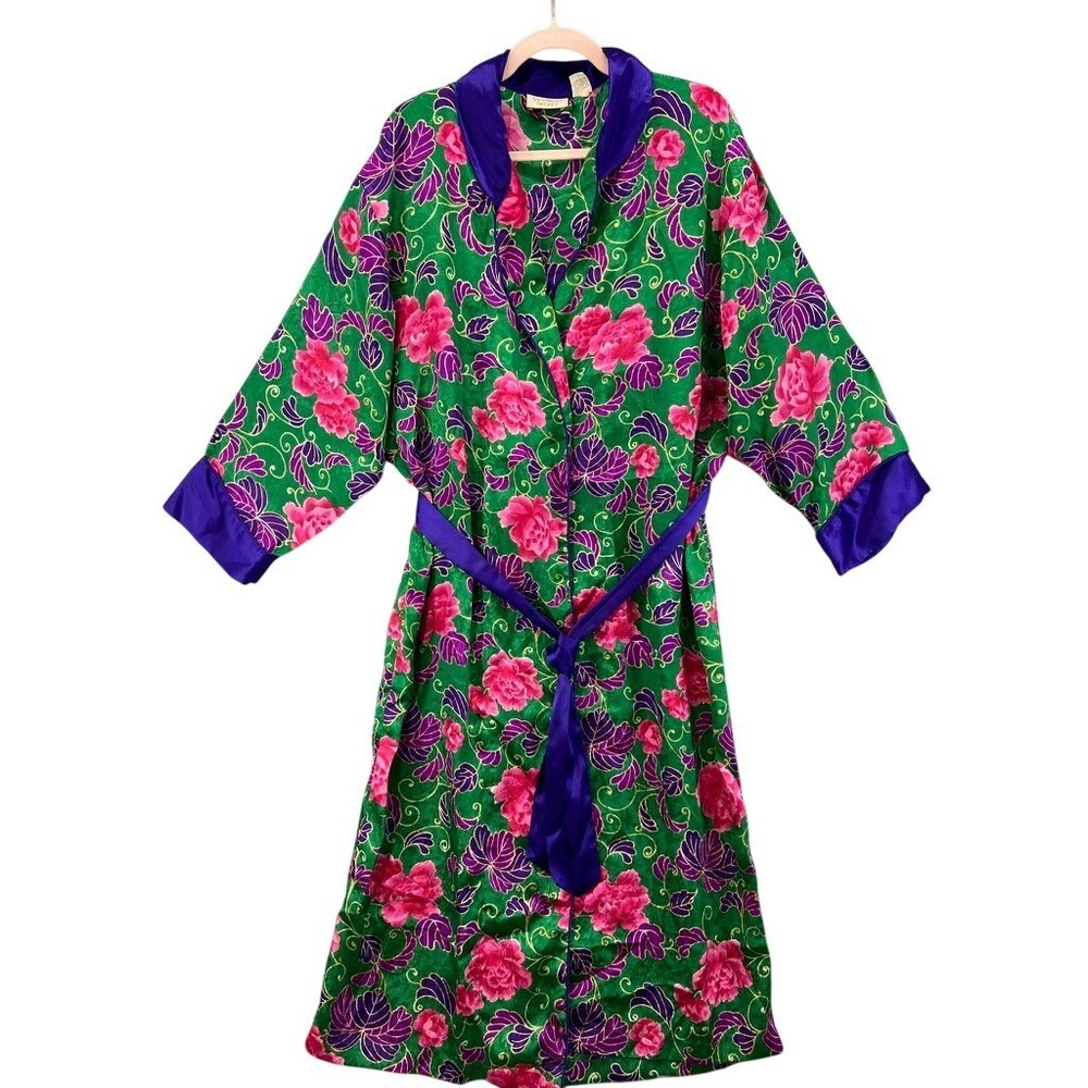 VTG Victoria's Secretā Robe Women M/L Green Floral Gold Label 90s Kimono Satin